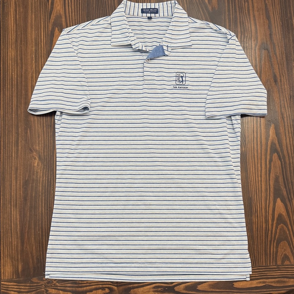 Peter Millar Men’s Striped Polo Shirt Blue White Large San Antonio TPC Golf